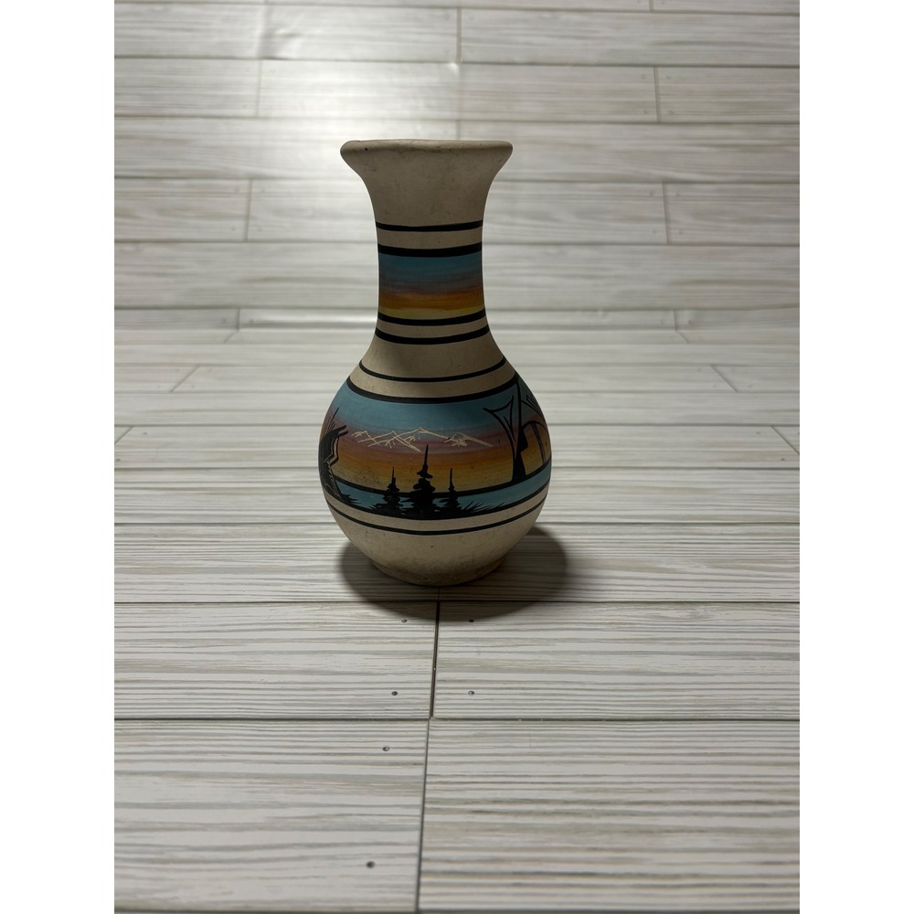 Navajo Hand Painted Pottery Bud Vase‎ Sunset Mountain Landscape Signed Southwest